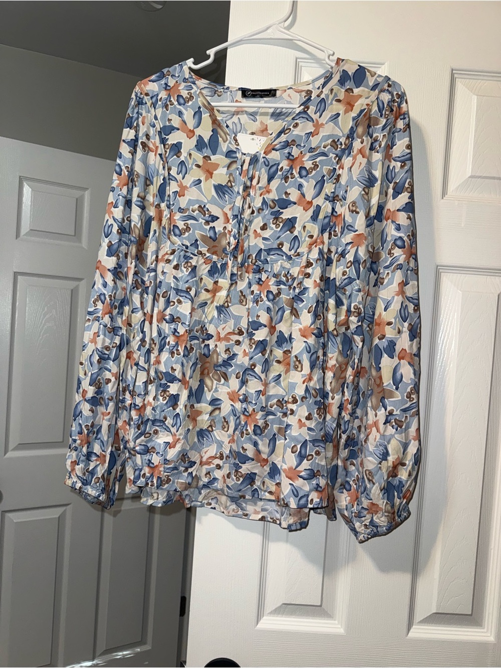 PrettyGarden Floral Peasant Blouse with Tie Neck